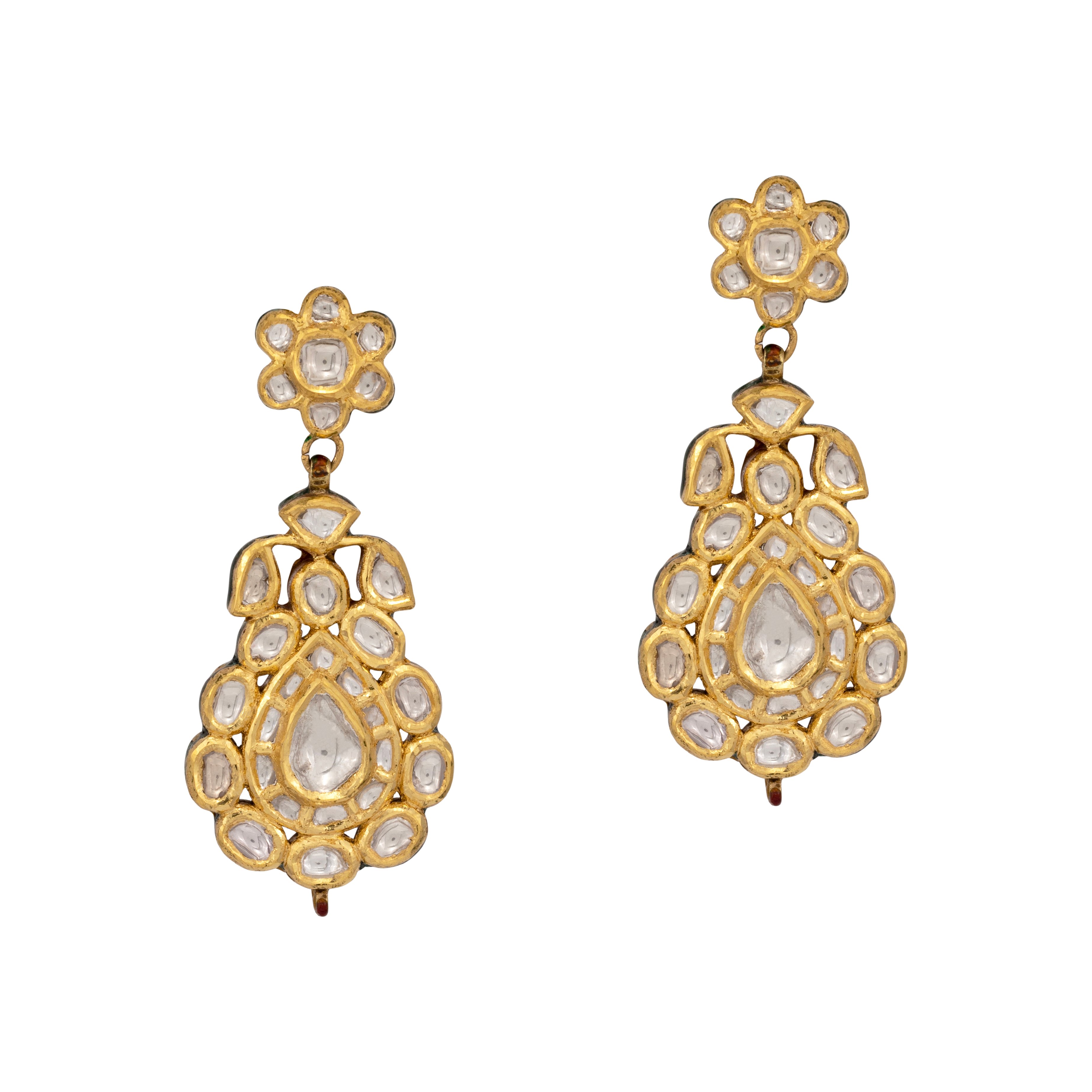 Teardrop Polki Earrings with Floral Gold Accents